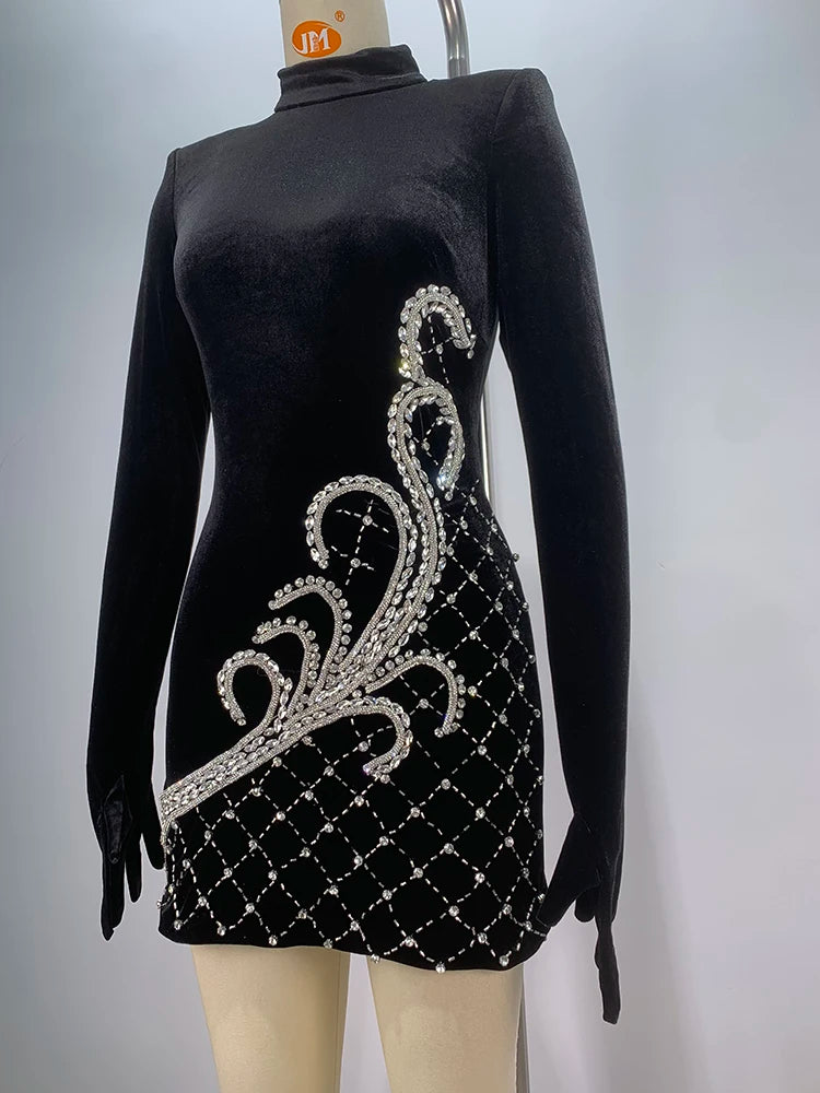 Long Sleeve Gloves Sparkling Diamonds Decor Velvet Mini Dress