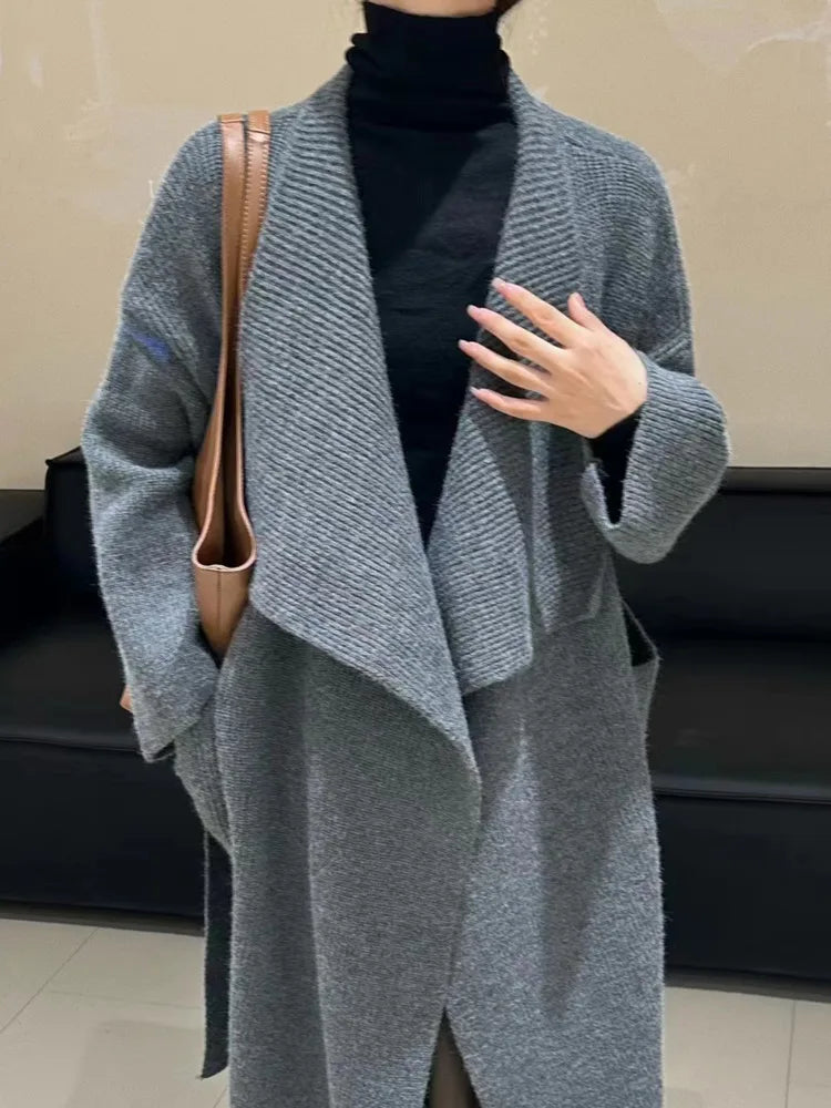 Lapel Loose Fit Long Sleeves Sashes Knitted Cardigan Maxi Coat