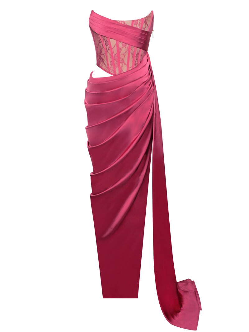 Strapless Pleated Long V-neck High Split Satin Lace Maxi Dress