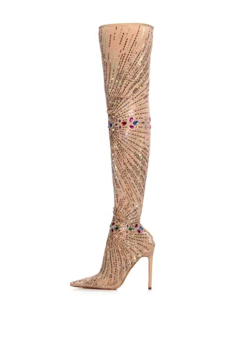 Crystal Diamond Patchwork High Heels Thigh Sock Over The Knee Boots