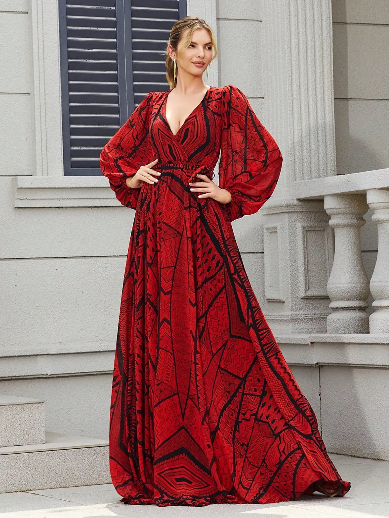 Geometric Printed Overlap V-Neck Lantern Sleeve Maxi Dress