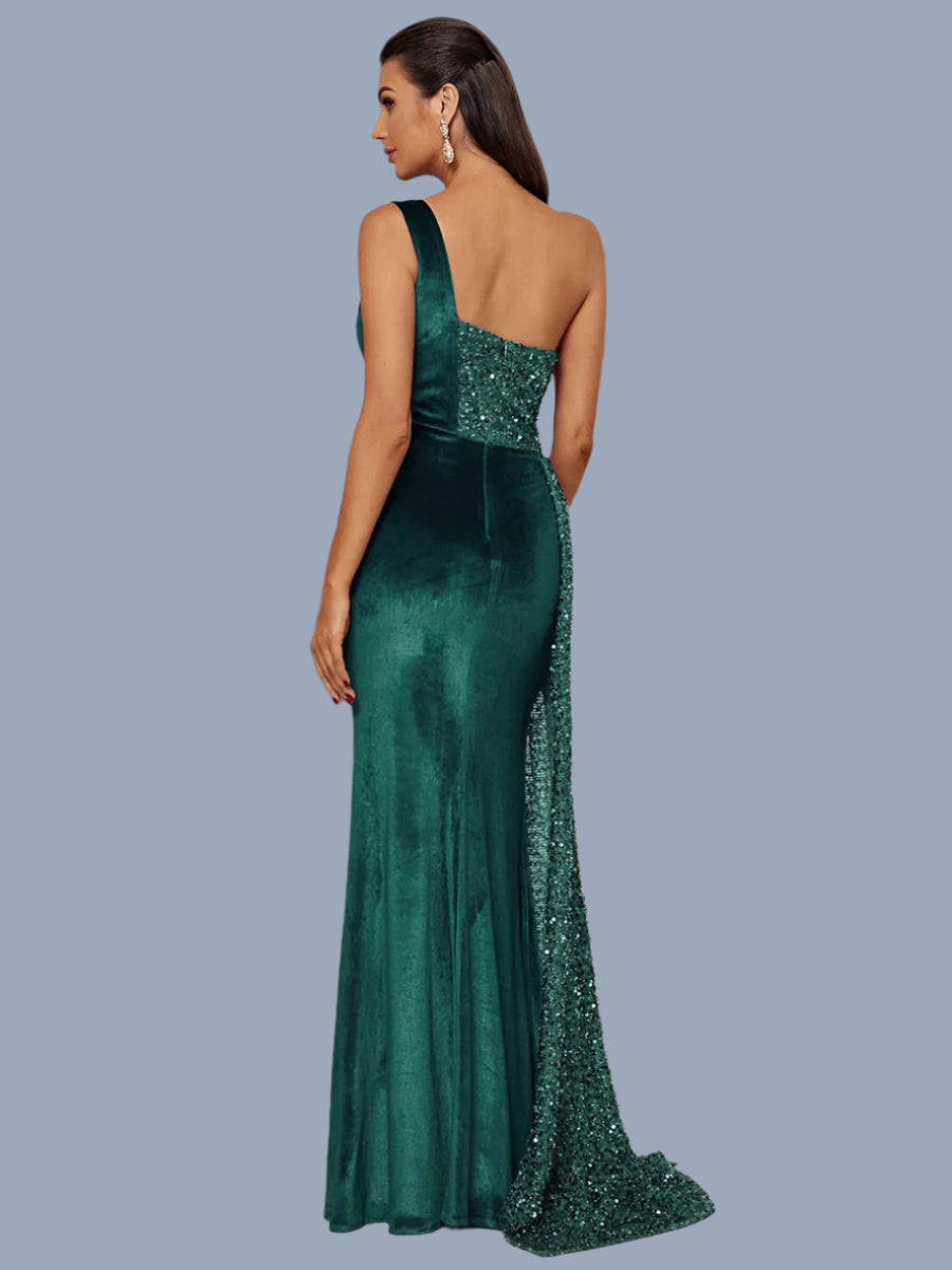 One Shoulder Chic Draped Sequin Panel Velvet Split Prom Maxi Dress