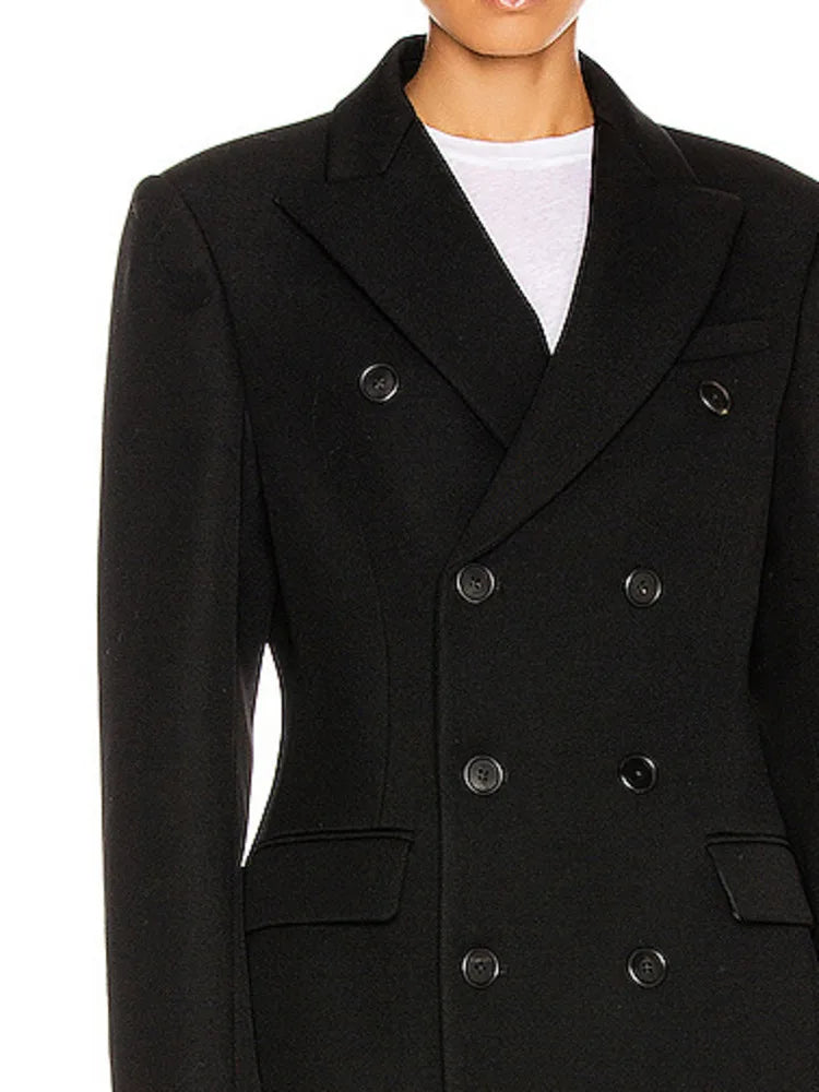 Notched Collar Double Breasted High Waist Woollen Overcoat