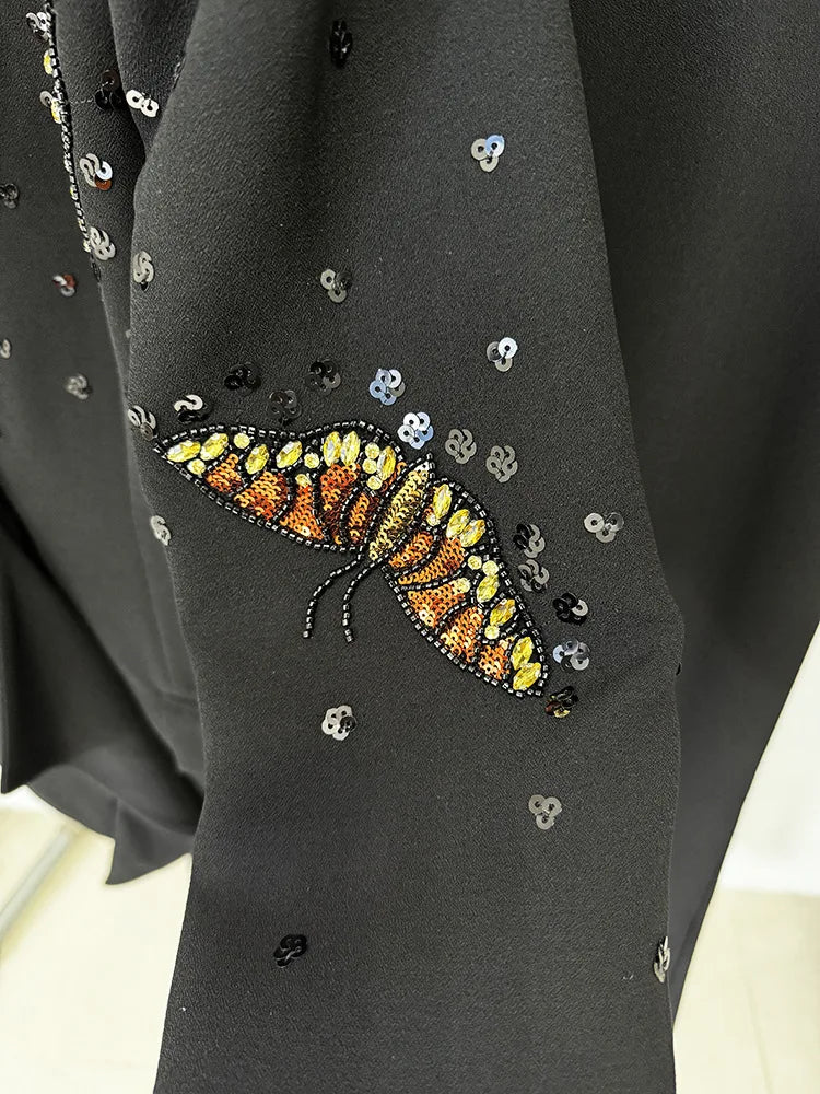 Bead Sewed 3D Butterfly Nail Bead Diamond Decor Blazer Wide leg Trouser Set