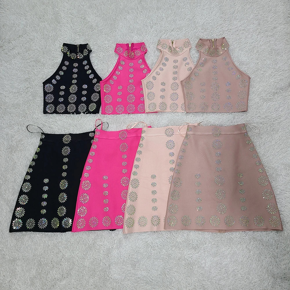 O-Neck Mini Tank Top & Mini Skirt Diamond Patchwork Bandage Set