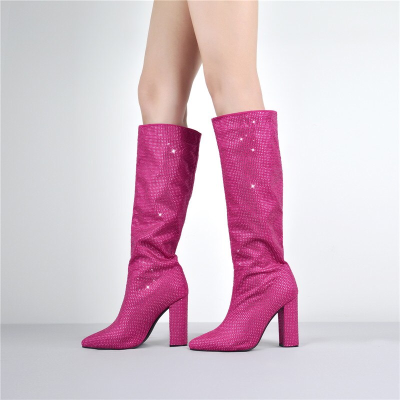 Rain Stone Round Toe Crinkle Mid Calf Chunky Square Heels Boots