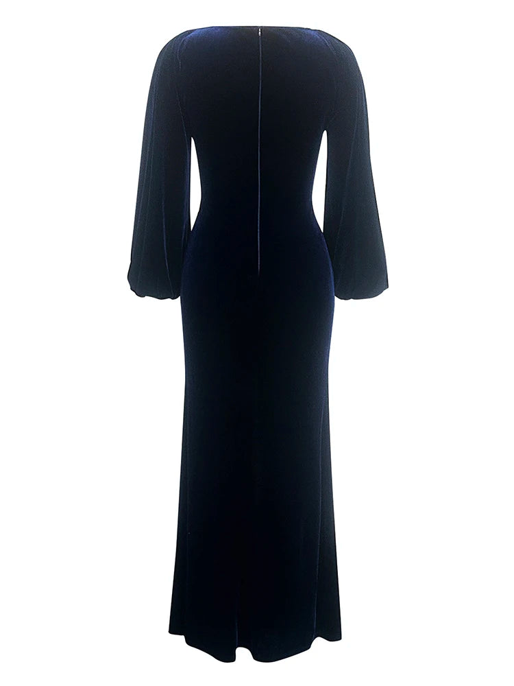 V Neck Long Sleeves Folds Velvet Ruched Split Slim Maxi Dress