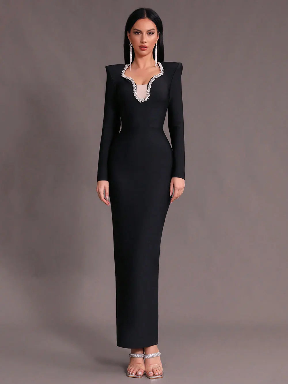 Diamond Decor V Neck Long Sleeve Bandage Maxi Dress