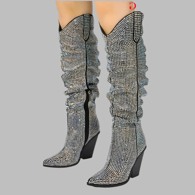 Crystal Diamond Bling Pleated Square High Heel Knee High Boots