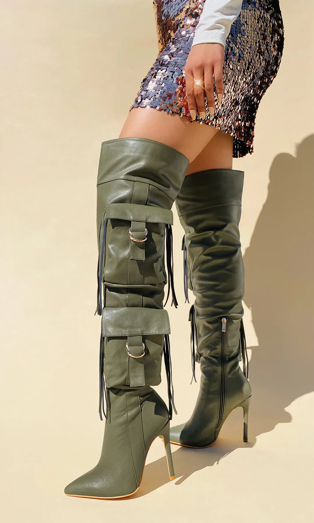 Pu Leather Tassel Pointed Toe Pocket Big Calf Thin Heel Over The Knee Boots