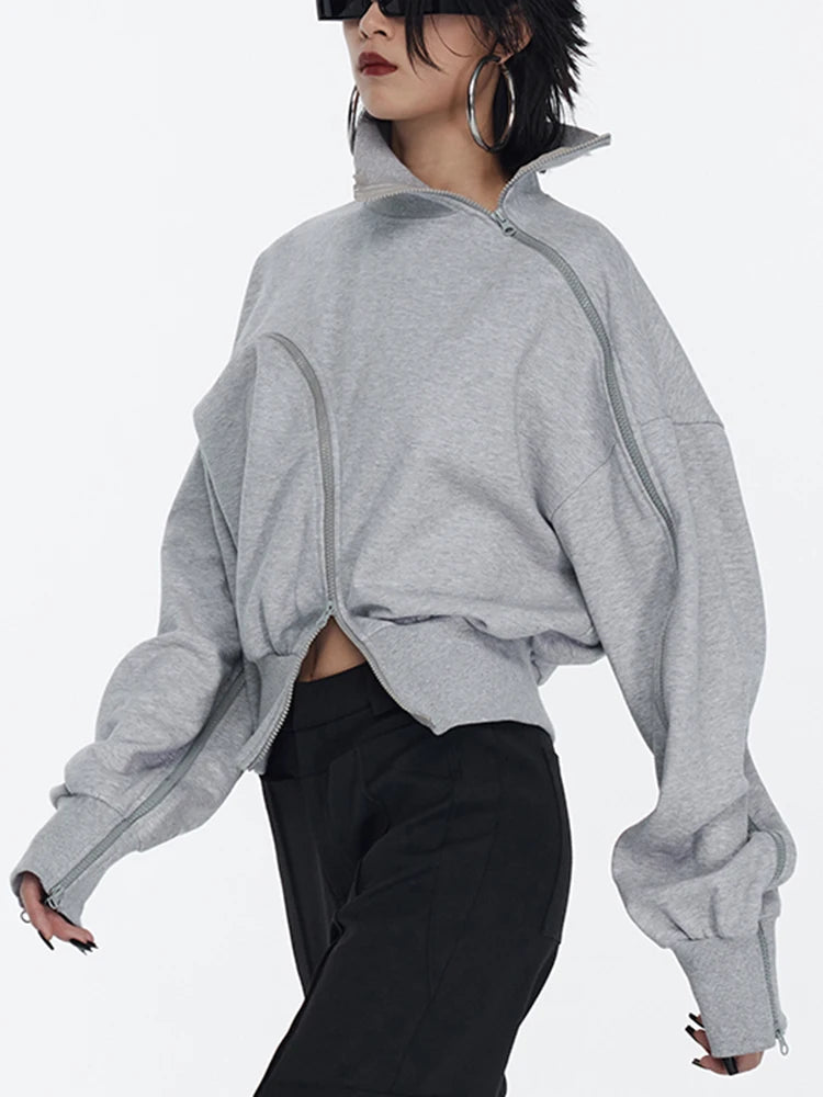 Turtleneck Long Sleeve Patchwork Zipper Sweatshirt Pullover