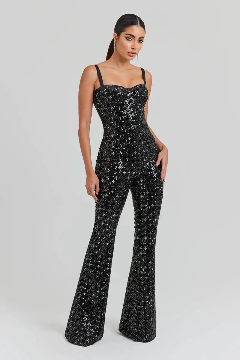 Sleeveless Sequins Spaghetti Strap Belted Wide Legs Jumpsuits