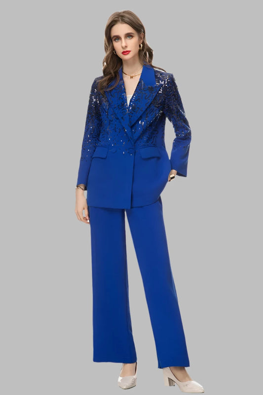 Lapel Collar Sequins Patchwork Blazer Mid Waist Straight Trousers Set