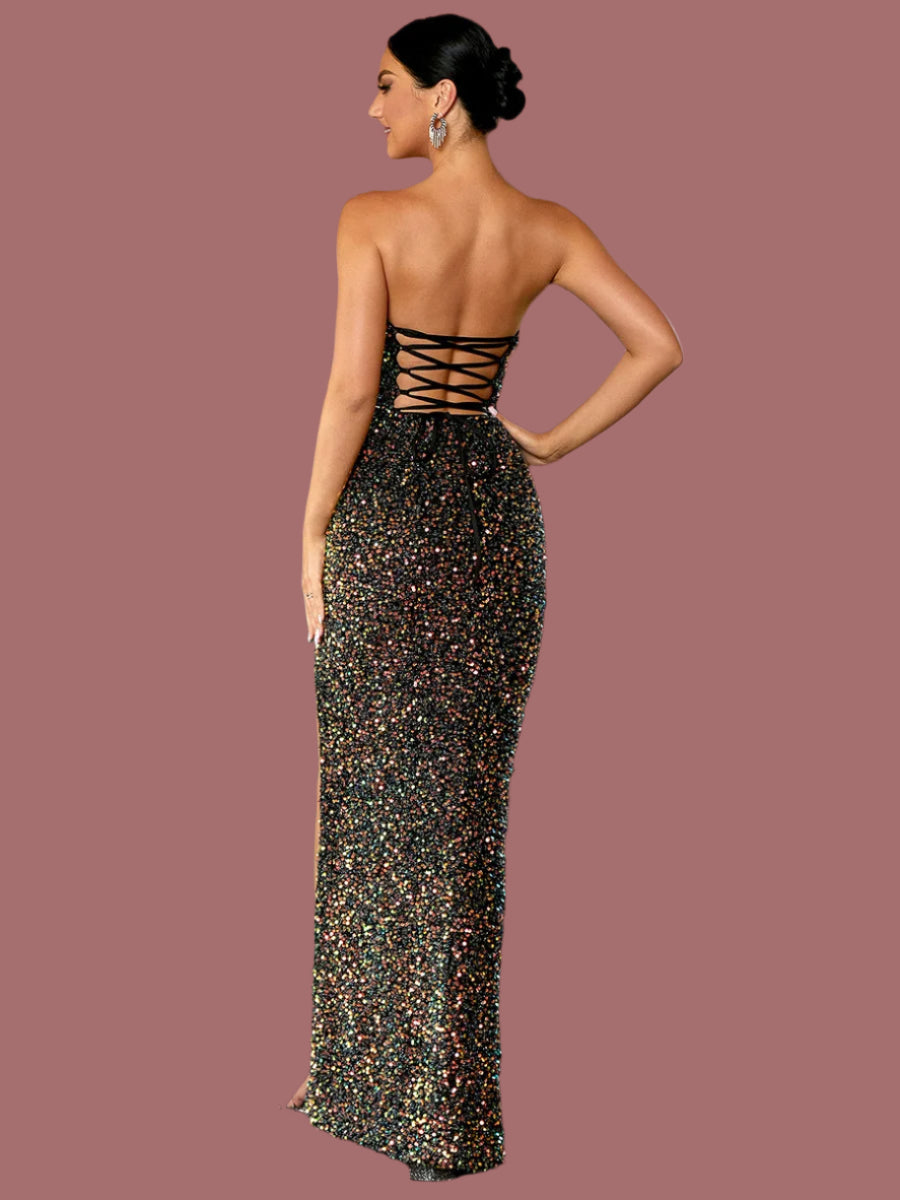 Off Shoulders Strapless One Side Slit Sequin Evening Prom Maxi Dress