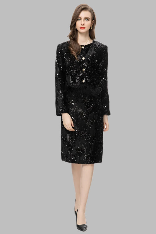 Vintage Feather Patchwork O Neck Sequins Mini Coat Mid Skirt Set