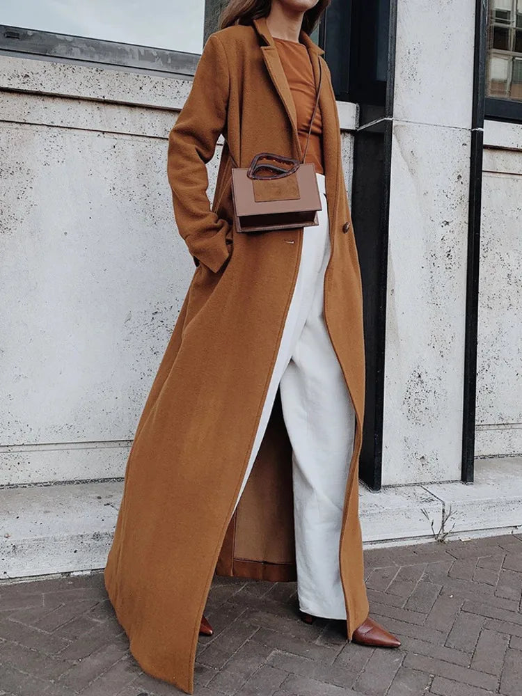 Notched Collar Single Button Long Sleeve Slim Woollen Maxi Overcoat