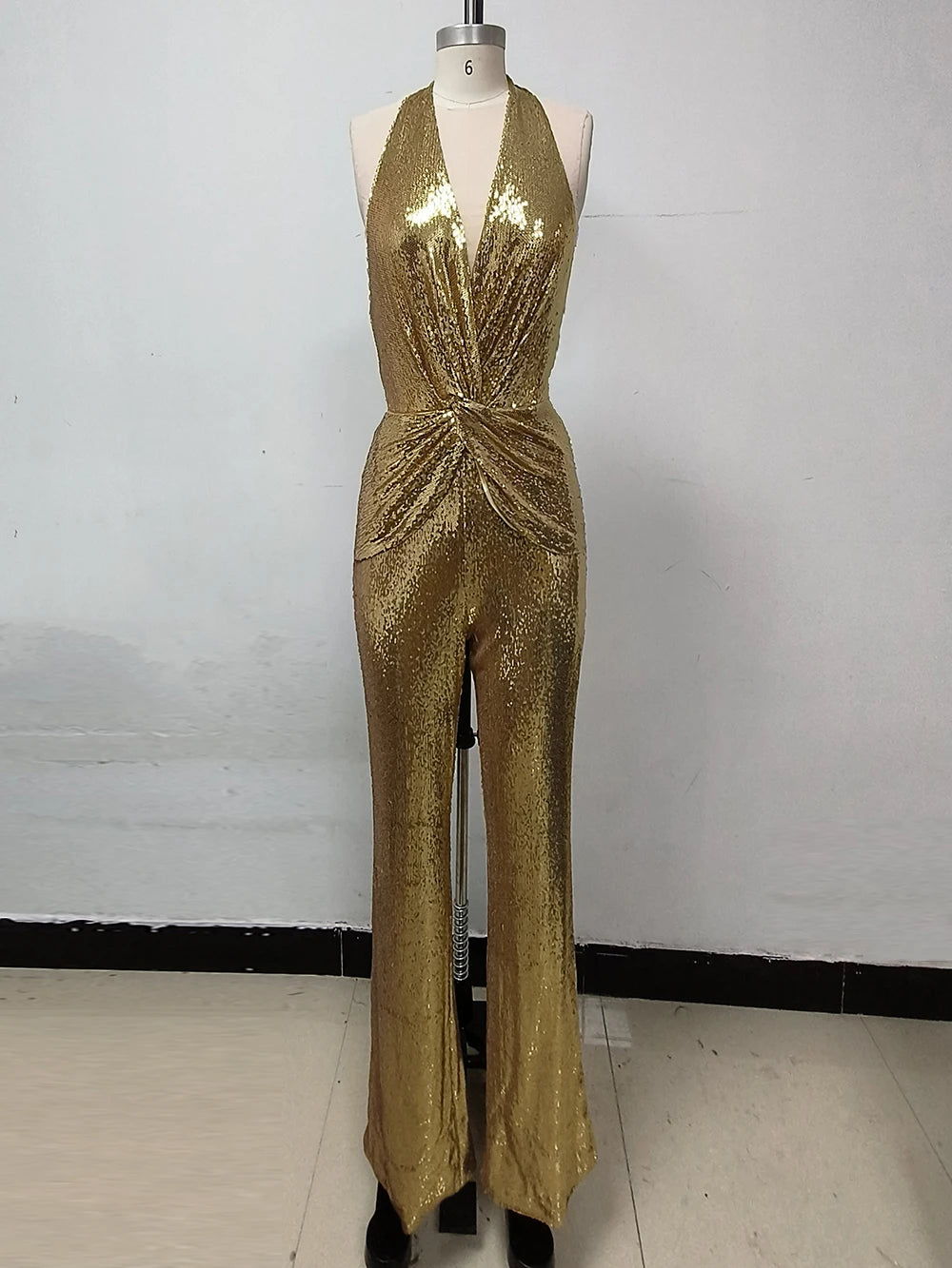 Golden Sequins Sleeveless Backless Tight Full Length Jumpsuit