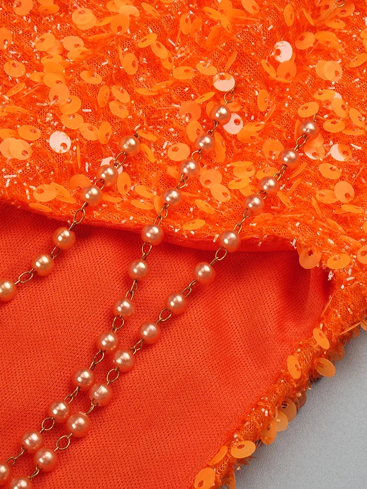 Pearl Chain Tassels Decor Sequins High Split Formal Gowns Maxi Dress