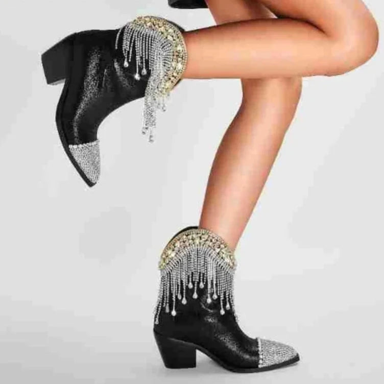 Rhinestone Diamond Tassel Pointed Toe Square Heel Ankle Boots