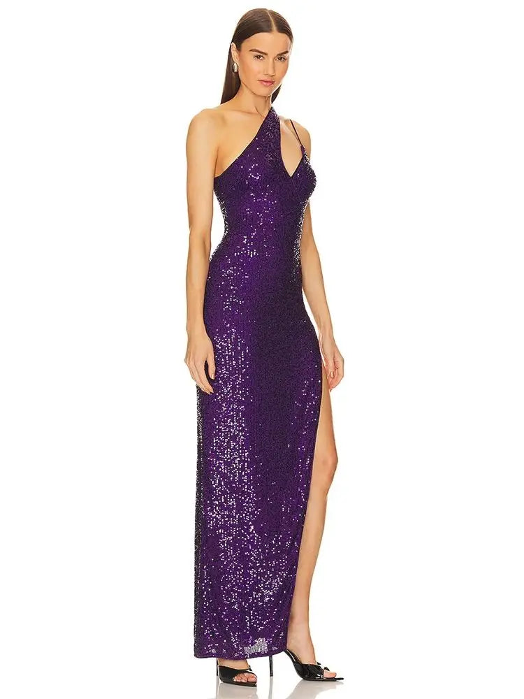 One Shoulder Sleeveless One Side High Split Sequin Maxi Dress