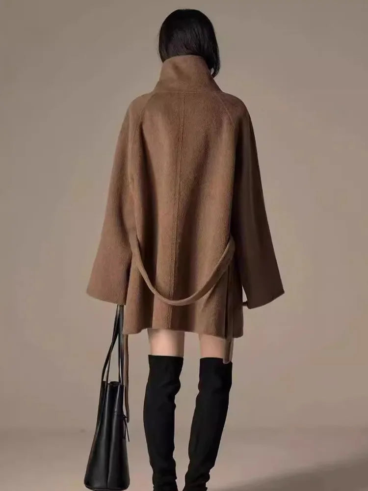 Turtleneck Loose Single Breasted Sashes Short Blends Woollen Overcoat