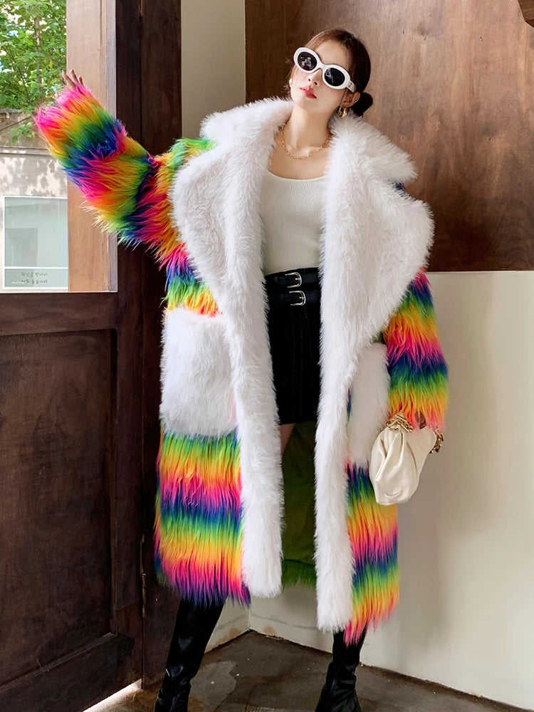 Lapel Rainbow Coloured Long Sleeves Loose Fit Faux Fur Coat