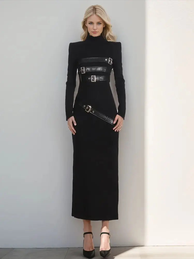 Spliced Belt Split Stand Collar Long Sleeve High Waist A Line maxi Dress