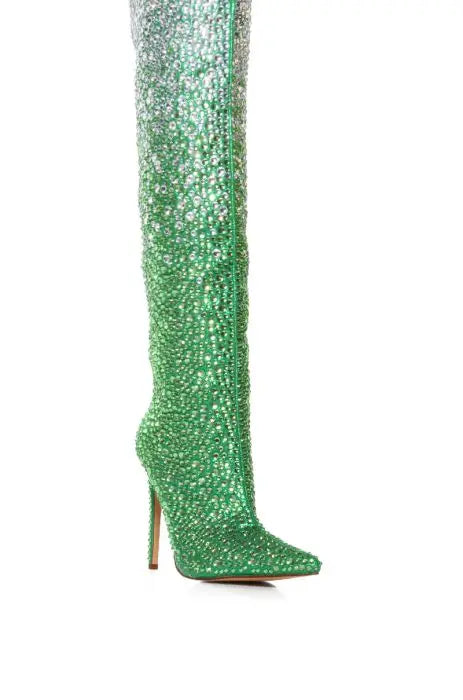 Rhinestone Studded Thin High Heel Crystal Over The Knee Boots