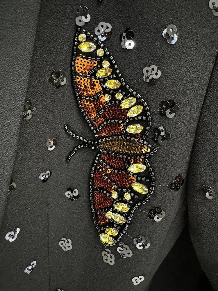 Bead Sewed 3D Butterfly Nail Bead Diamond Decor Blazer Wide leg Trouser Set