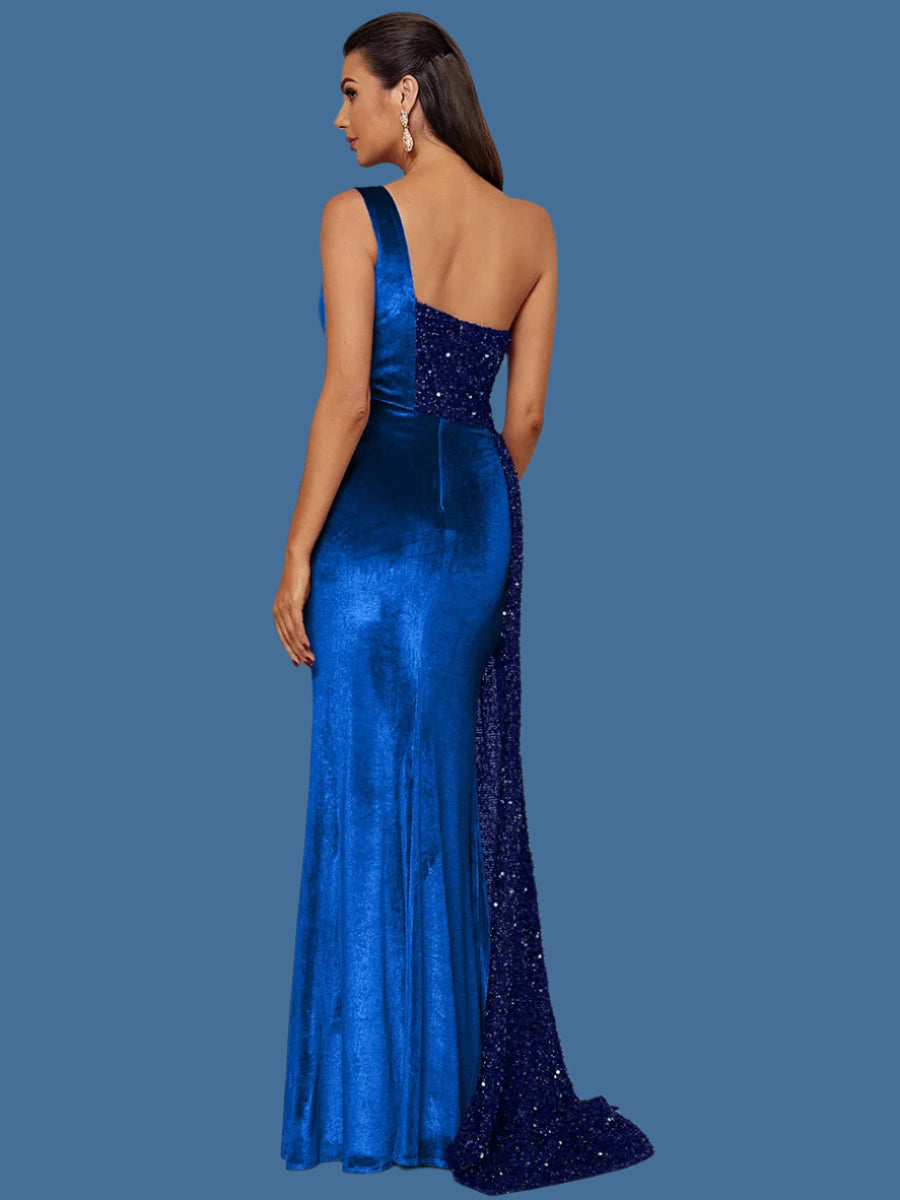 One Shoulder Chic Draped Sequin Panel Velvet Split Prom Maxi Dress