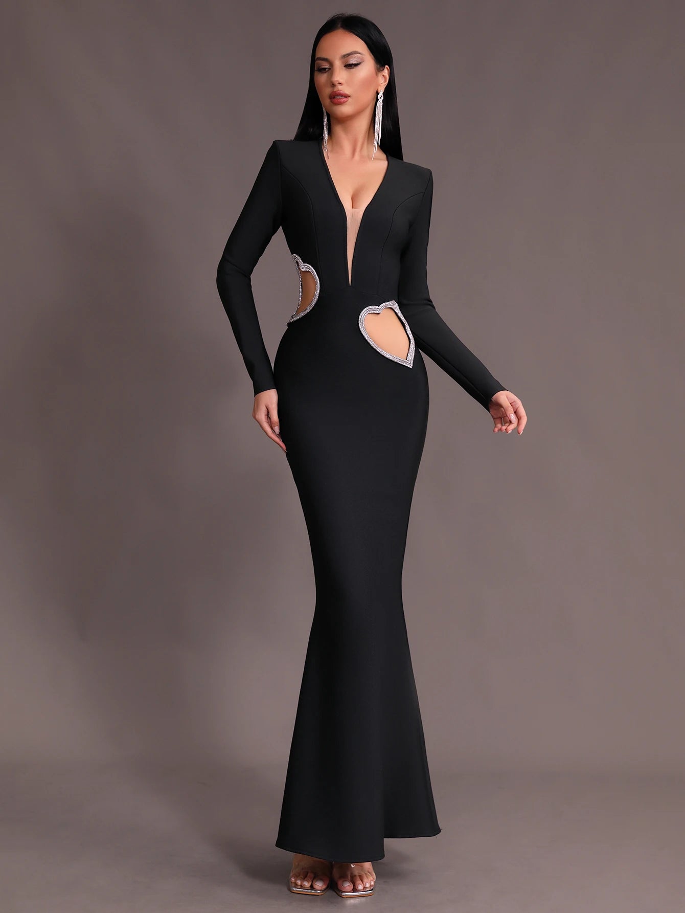 V-neck Belt Hollow Heart Diamond Mermaid Bandage Maxi Dress