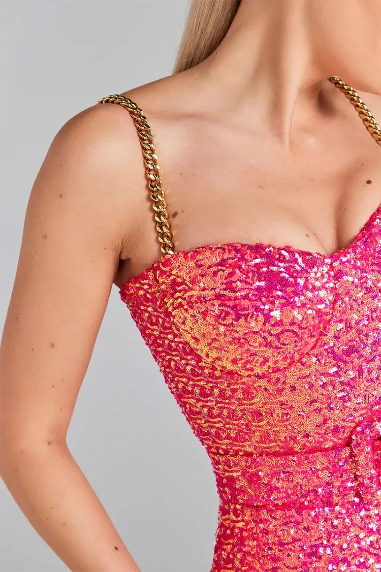 Shiny Sequin Spaghetti Strap Chain Sleeveless Tight Flare Jumpsuit