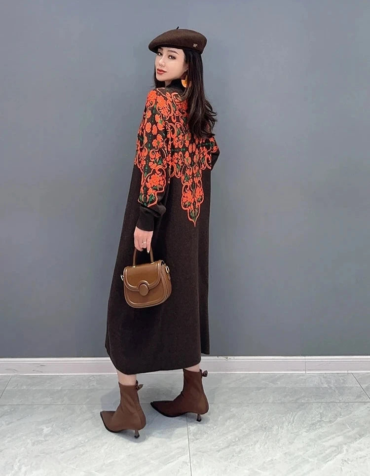 Printed O-neck Long Sleeve A Line Maxi Pullover Dress