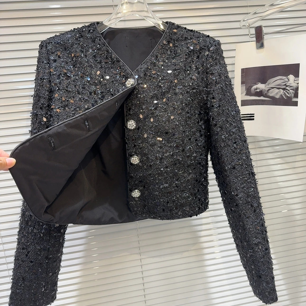 Sequin Tweed Single breasted O neck Long Sleeve Mini Jacket