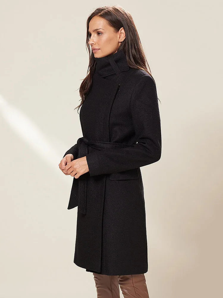 Stand Collar Long Sleeve Zipper Lace-up Slim Woollen Overcoat