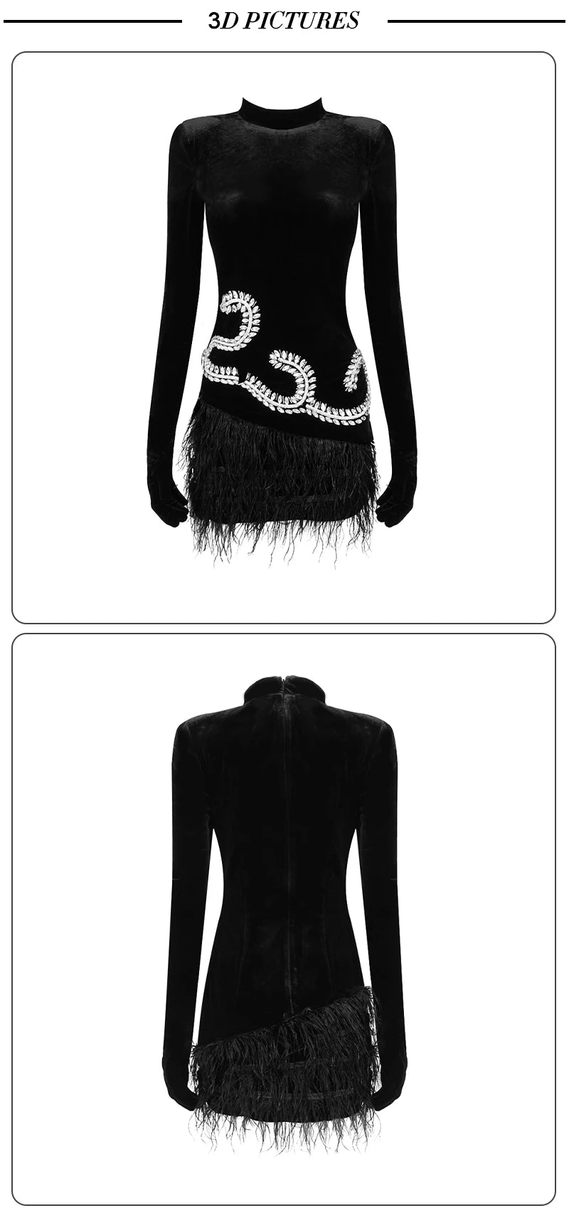 Long Sleeve With Gloves Crystal Feather Patchwork Velvet Mini Dress