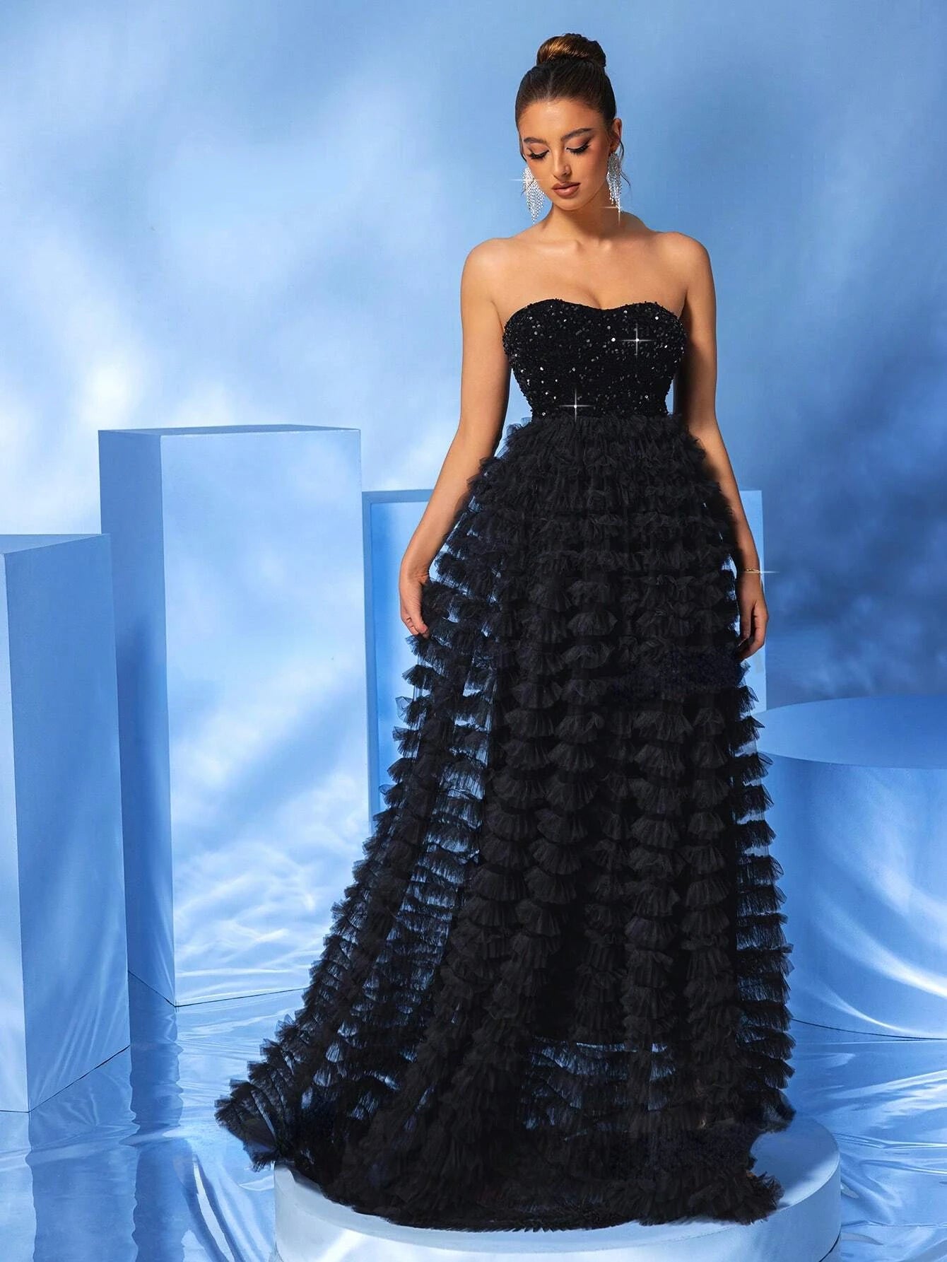 Strapless Black With Rhinestone Decoration Formal Maxi Dress