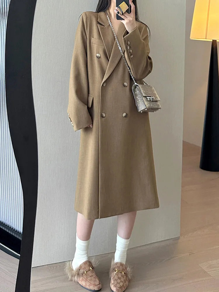 Notched Collar Loose Long Sleeves Double Breasted Mid Coat