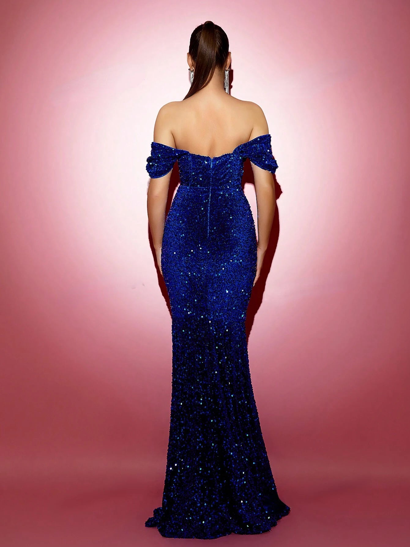 Off Shoulder Backless Hem Sequin Formal Mermaid Maxi Dress