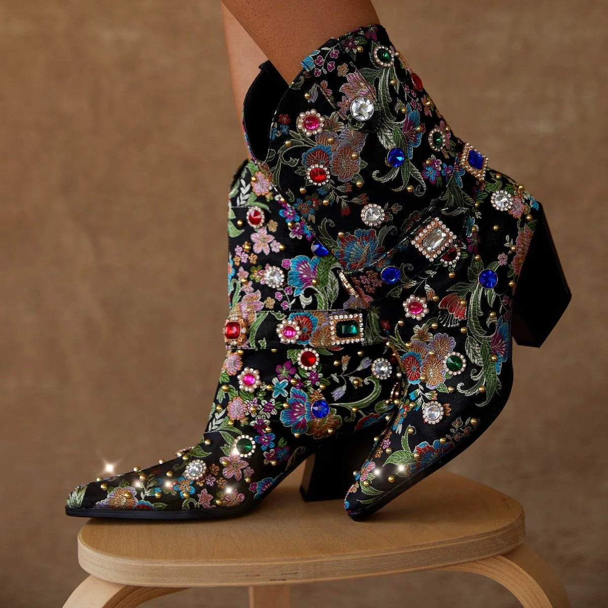 Flower Embroider Diamond Pointed Toe High Heel Ankle Boots