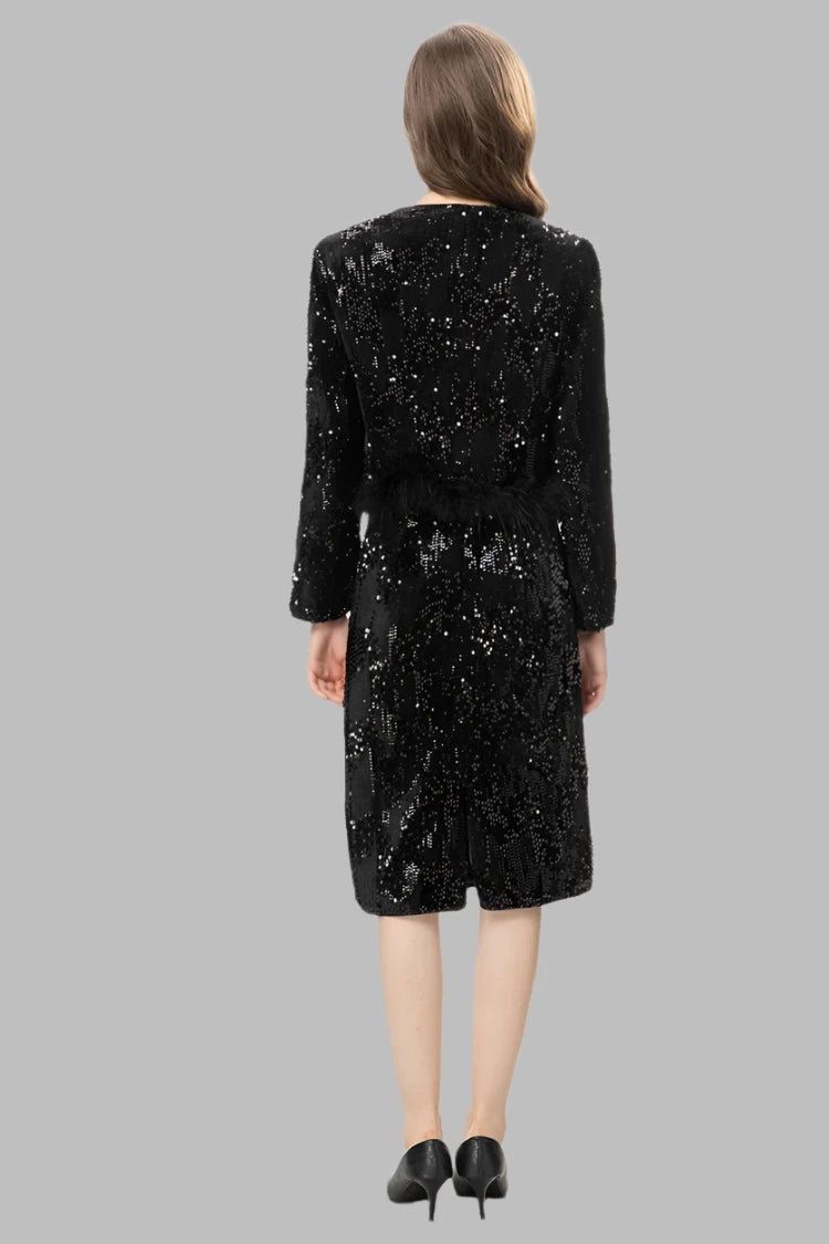 Vintage Feather Patchwork O Neck Sequins Mini Coat Mid Skirt Set