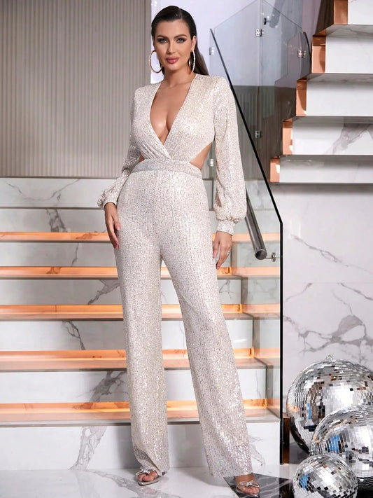 V-neck Long Sleeves Cut-out Sequined Gala Maxi Jumpsuit