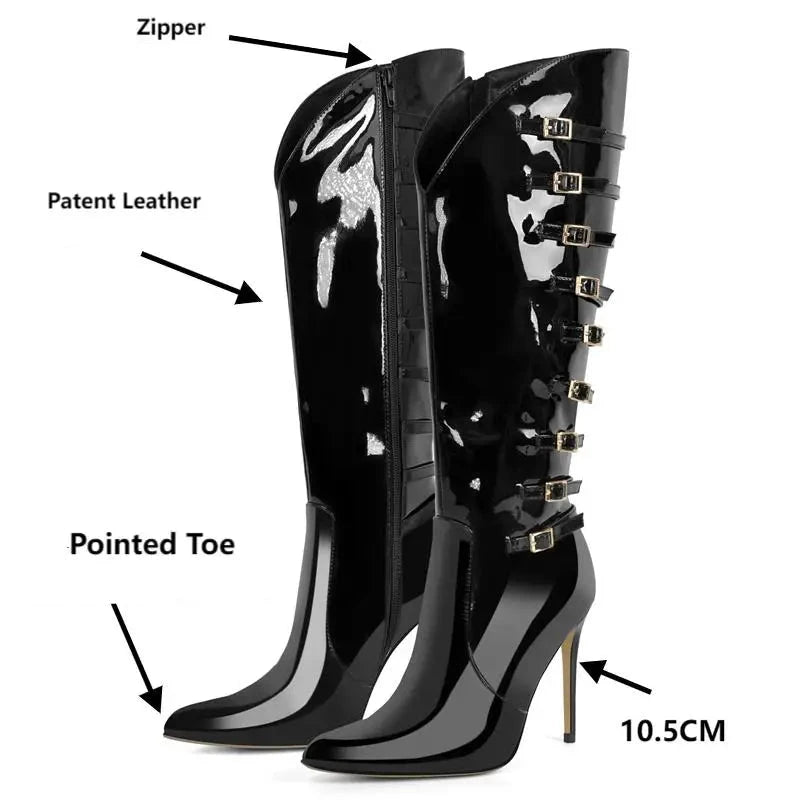 Pointed Toe Patent Leather Multi Buckle thin Hight Heel Knee High Boots