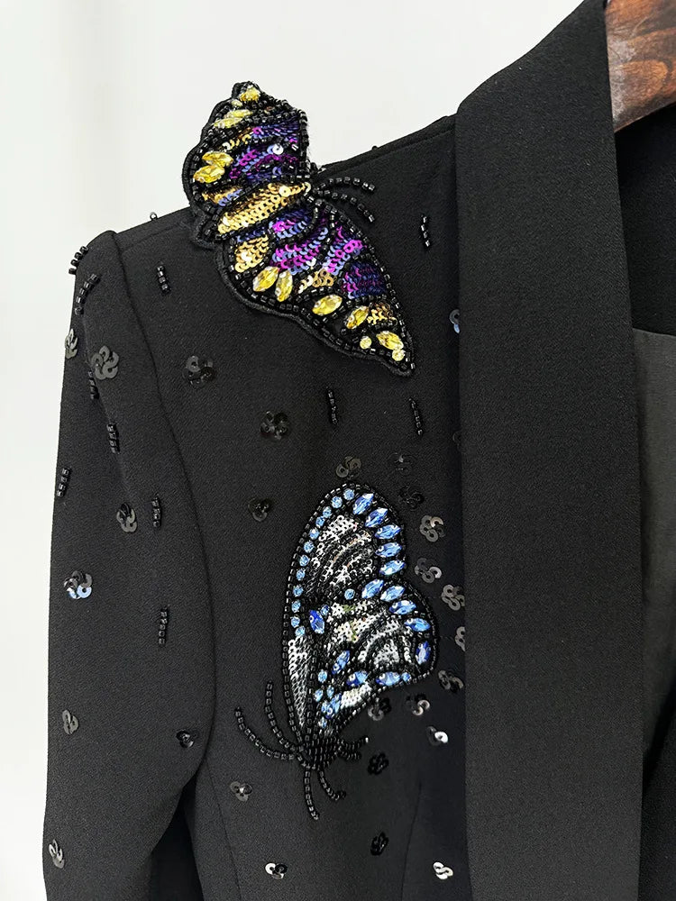 Bead Sewed 3D Butterfly Nail Bead Diamond Decor Blazer Wide leg Trouser Set