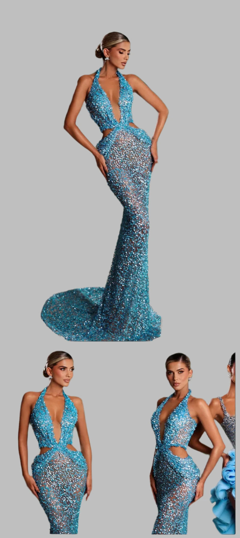 Sequins Beaded Deep V Neck Plunge Halter Cut Out Mermaid Maxi Dress