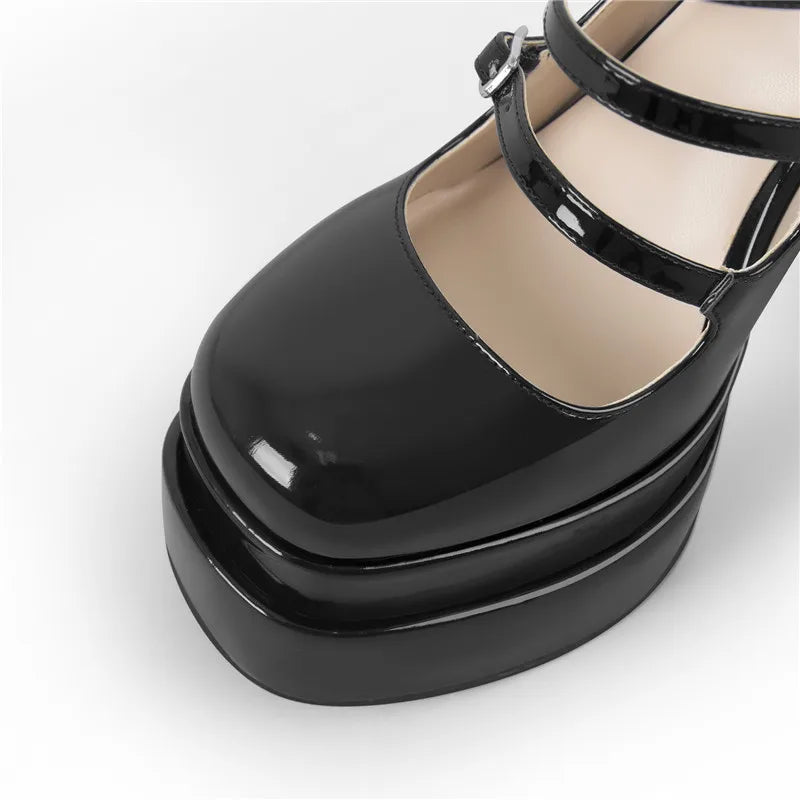Buckle Strap Platform Patent Leather Cross-tied Square Toe Thick High Heels Shoes