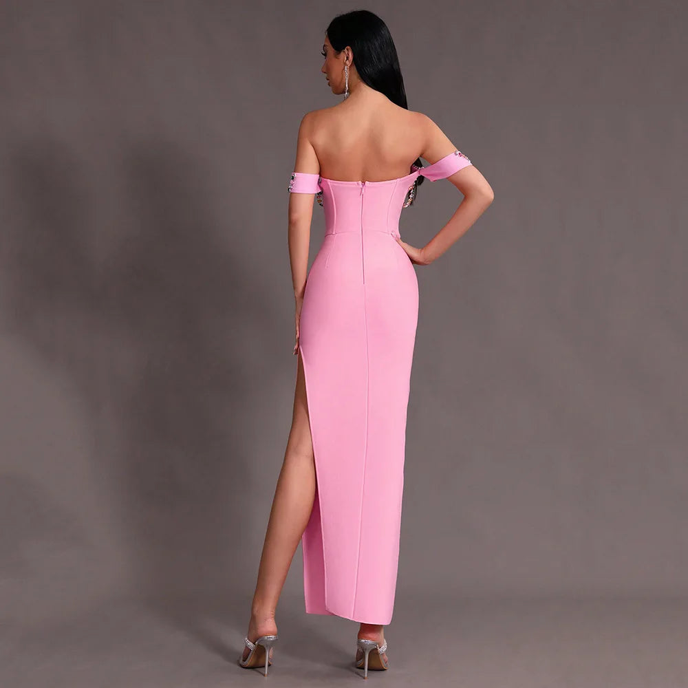 Split Off Shoulder Diamond Decor Bandage Ball Maxi Dress