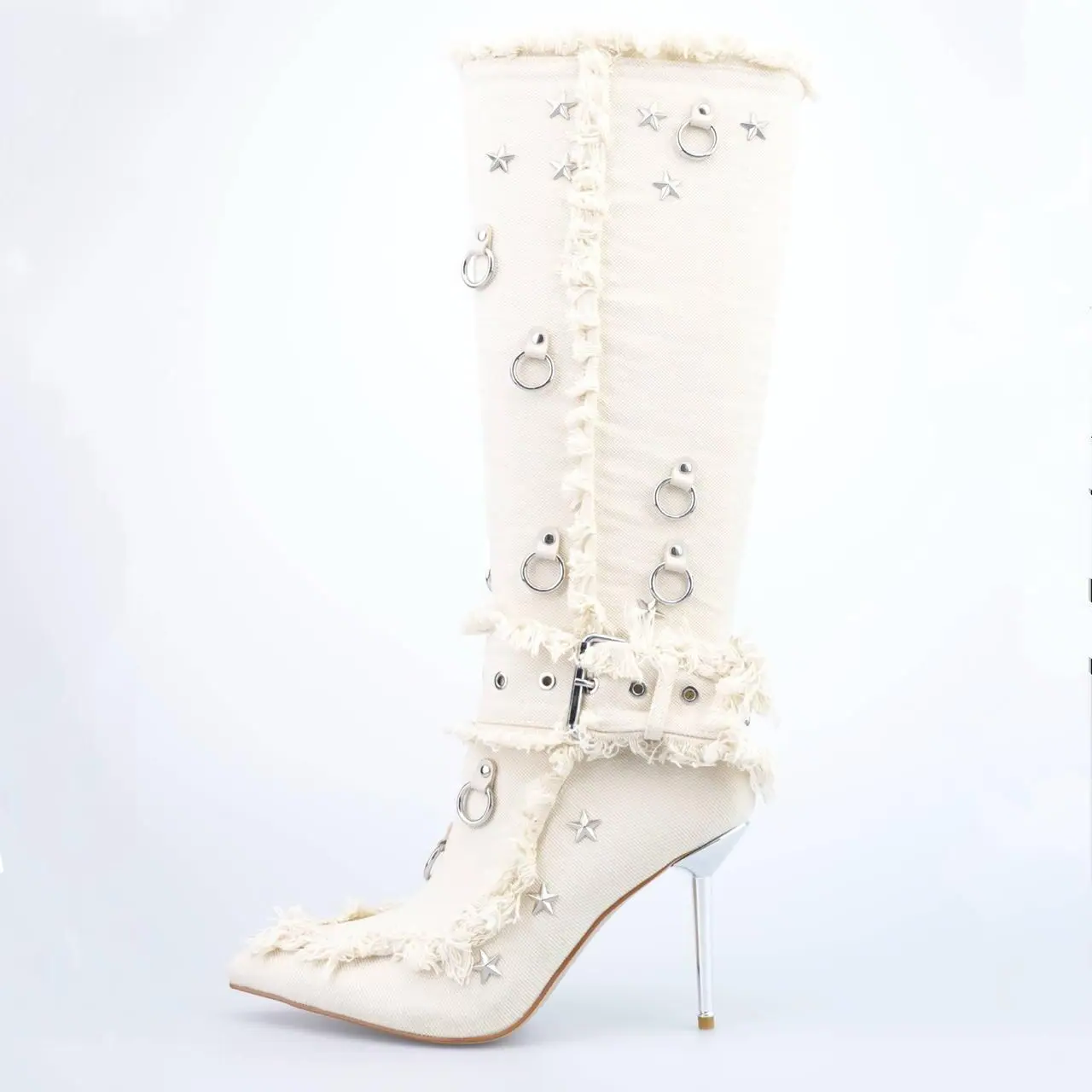 Buckle Star Rivet Decor Pointed Toe Thin Heels Knee High Boots