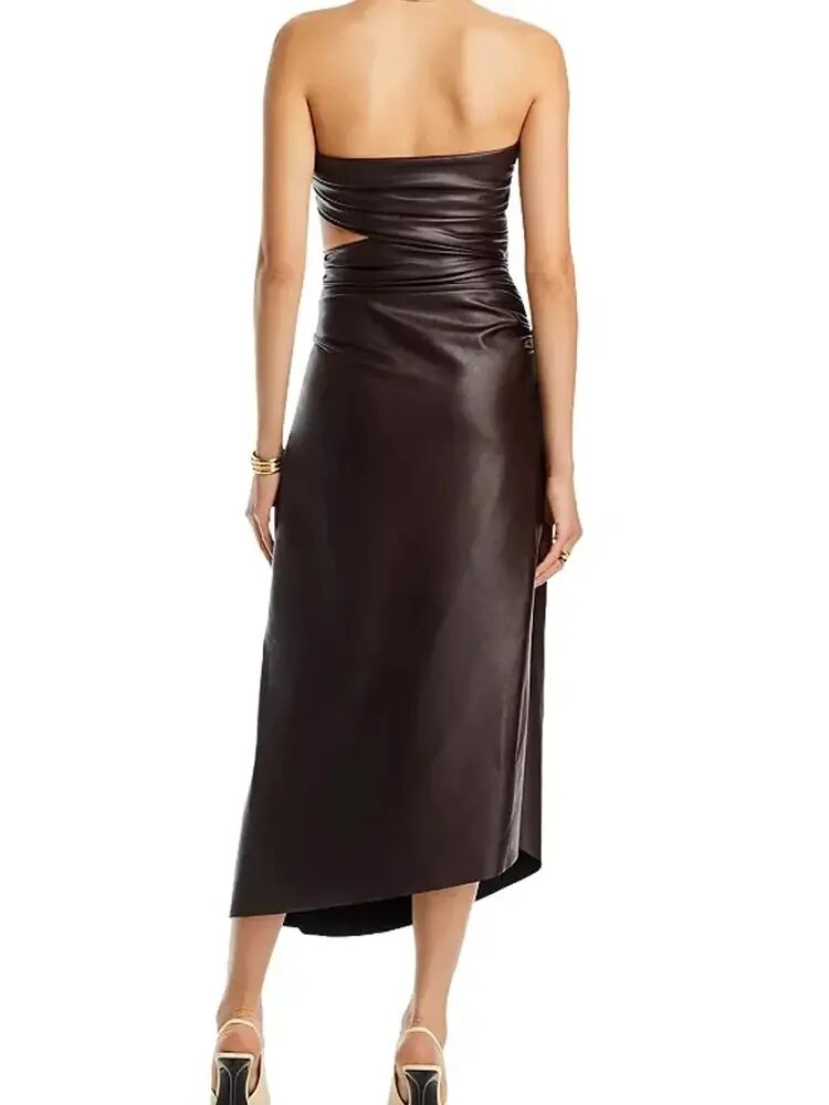 Pleated Hollow PU Leather Strapless Open Back Mid Dress