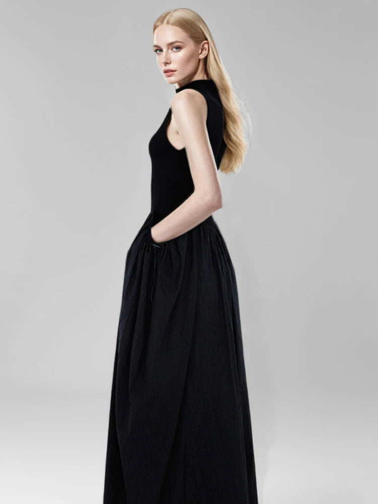 Half Stand Collar Sleeveless Waist Retraction Drawstring Maxi Dress